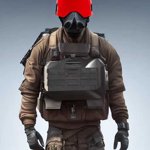 Image similar to futuristic insurgent wearing black helmet glossy visor, brown cloak, technical vest, and a backpack, photorealistic, digital art , red tint