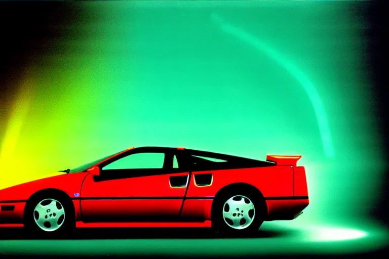 Prompt: designed by giorgetto giugiaro stylized poster of a 1 9 9 0 nissan 3 0 0 zx with thick neon lights as an ektachrome photograph with volumetric lighting cinematic eastman 5 3 8 4 film