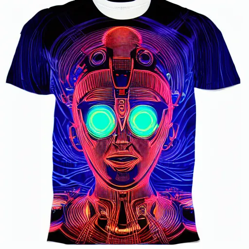 Prompt: photo of a black tshirt with a hyperdetailed portrait of a futuristic psychedelic meditating robot, 8 k, symetrical, flourescent colors, halluzinogenic, multicolored tshirt art,