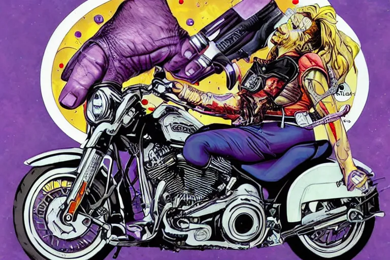 Image similar to Thanos riding a Harley Davidson by Sandra Chevrier