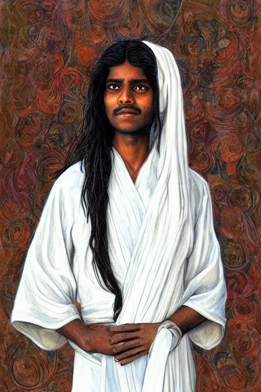 Prompt: sri lankan boy with long hair in white robes, art by Giancola, Donato