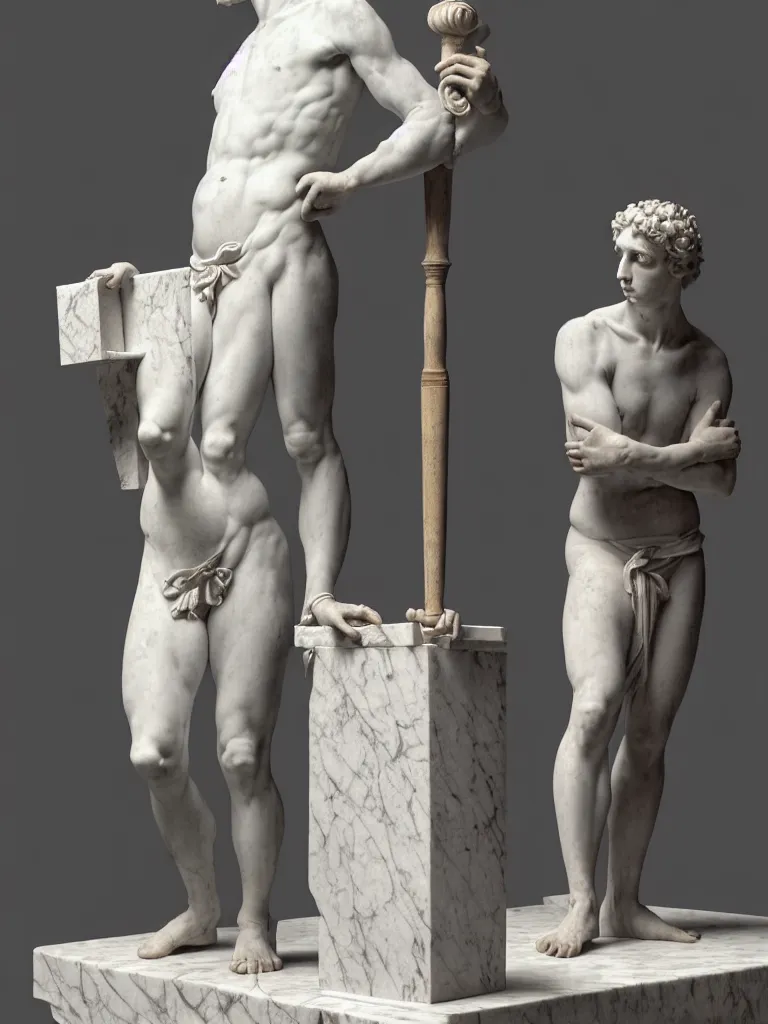 Image similar to a full body image of a twenty - something michelangelo standing in contrapposto wearing peasant clothing of the renaissance. a chisel and mallet sit on a table nearby. a large block of marble dominates the background. photorealistic, hyperdetailed, studio lighting, octane render, caustics