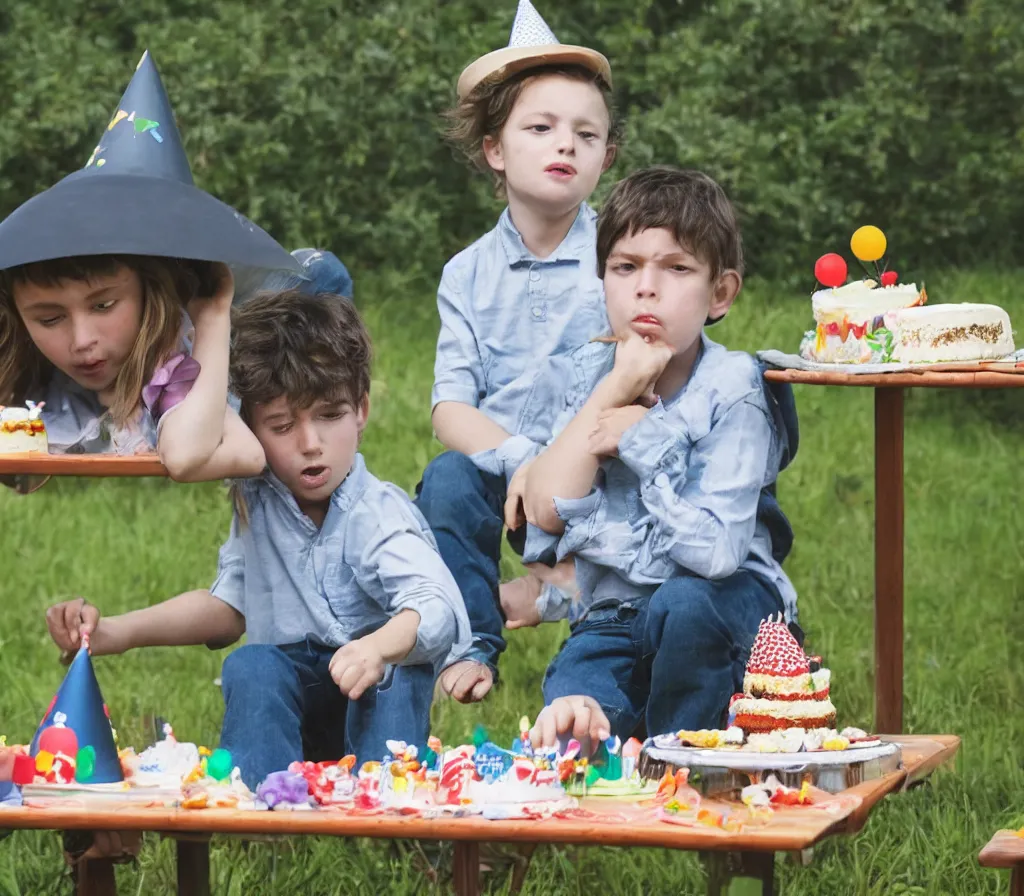 Image similar to A sad young boy in a party hat sitting at a picnic table, as black crows begin to pick at and eat a birthday cake on the table, dark gloomy, realistic