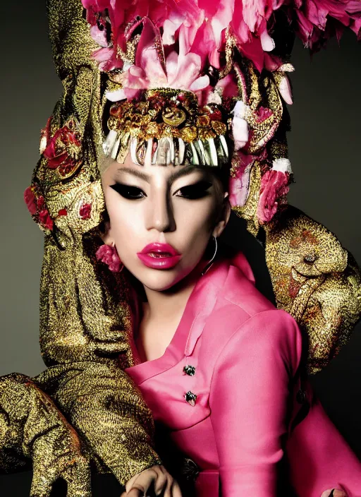 Prompt: lady gaga styled by nick knight posing asian themed, vogue magazine, Highly realistic. High resolution. Highly detailed. Dramatic. 8k.4k.