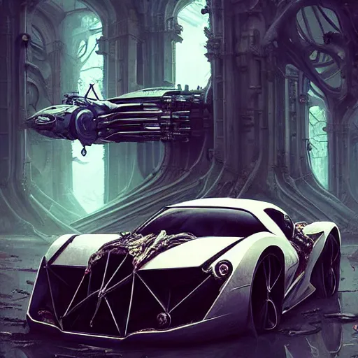 Image similar to shiny cyberpunk vehicle reminiscent of fast car with robotic enhancements parked in ancient mystic woods, gothic and baroque, brutalist architecture, ultradetailed, creepy ambiance, fog, artgerm, giger, Intricate by Ellen Jewett and Josan Gonzalez and Giuseppe Arcimboldo