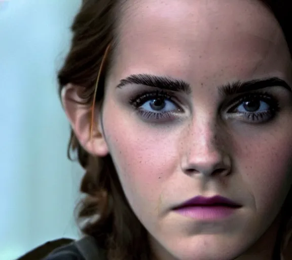 Prompt: color still shot of emma watson in film the hunger games, face closeup,