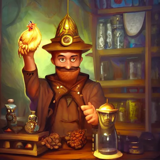 Prompt: Magic the gathering artwork of Anthropomorphized chicken shopkeeper in his shop, shelves full, selling a gem, portrait, items, magic potions, specimens in glasses, carpet, window, fancy funny hat, sly expression , cunning expression, cute expression, presenting magic gem, D&D, fantasy, cinematic lighting, highly detailed, digital painting, artstation, concept art, smooth, sharp focus, illustration, warm light, cozy warm tint, magic the gathering artwork, volumetric lighting, 8k, no gold, no gold colours, art by Akihiko Yoshida and Greg Rutkowski