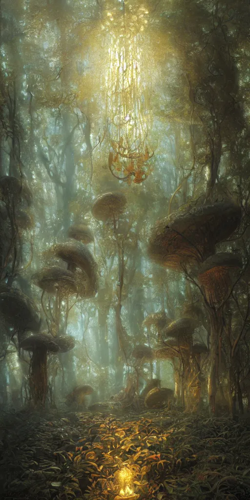 Prompt: enchanted mushroom forest, radiant light, caustics, by gaston bussiere, bayard wu, greg rutkowski, giger, maxim verehin