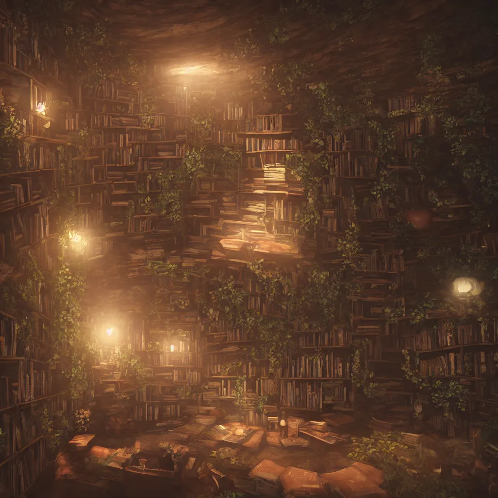 Prompt: there are many books and bookshelves in a warm hut, spiral, unreal engine, global illumination, flowers, smoke, detailed and intricate environment, mysterious, comfort, in the style of aetherpunk