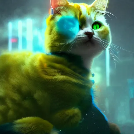 Image similar to moody atmospheric render of a cyborg calico cat with a chartreuse and teal color scheme by leon tukker