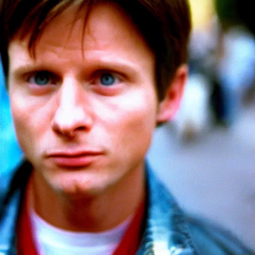 Image similar to film still, 5 0 mm, a masterpiece portrait photo of marty mcfly in a los angeles crowd, circa 1 9 9 9, sharp focus and narrow depth of field