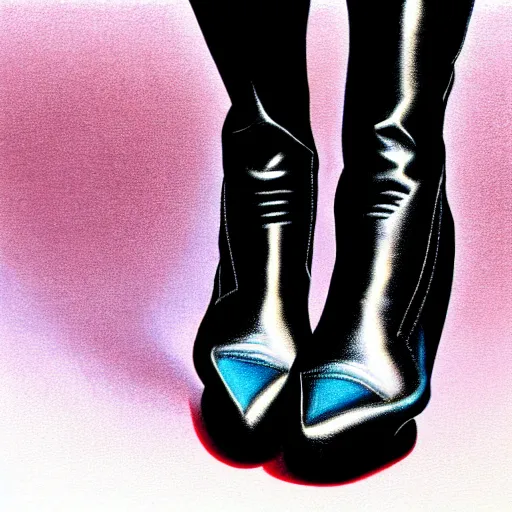 Image similar to close - up of a walking woman's leather boots, punk rock, 1 9 8 0's art, airbrush style, art by hajime sorayama,, intricate, elegant, sharp focus, illustration, highly detailed, h 6 4 0