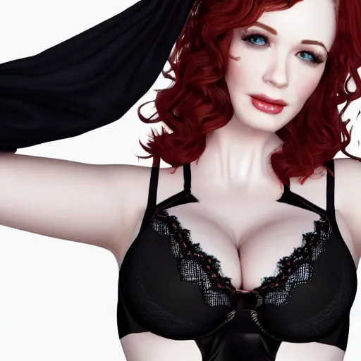 Prompt: 3 d render of christina hendricks in black lingerie, smooth, intricate, octane, reflects, ultra detailed, sharp focus, symmetry