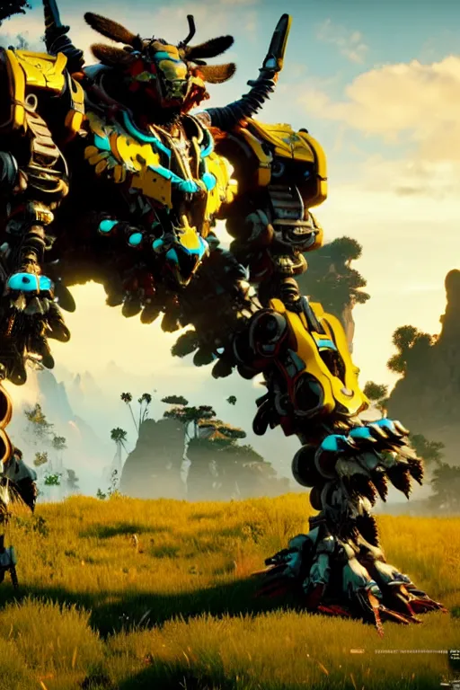 Prompt: a cinematic still from horizon zero dawn, yellow bumblebee mech, decepticon armor plating, octane render, nvidia raytracing demo, masterpiece, aged armor plating, aggressive head,