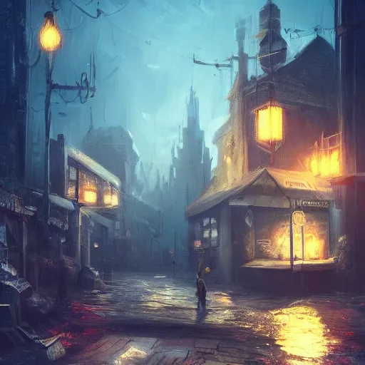 Image similar to this place is truly beautiful and the atmosphere is buzzing the town lights are glowing particularly brightly tonight, trending on artstation,