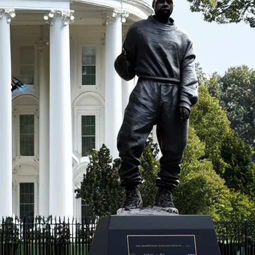 Image similar to a granite statue of kanye west, infront of the white house, photograph