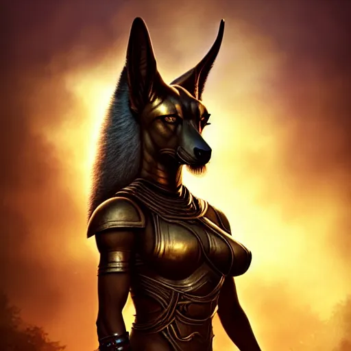 Image similar to Majestic gracious Anubis female warrior portrait, atmospheric lighting, painted, intricate, volumetric lighting, beautiful, rich deep colours masterpiece, golden hour, sharp focus, ultra detailed, by Leesha Hannigan, Ross Tran, Thierry Doizon, Kai Carpenter, Ignacio Fernández Ríos