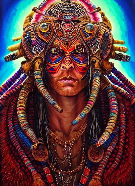 Prompt: portrait of tom ellis, hyper detailed ultra sharp aztec shaman warrior. trending on artstation, warpaint aesthetic, bloodwave, colorful, psychedelic, ornate, intricate, digital painting, concept art, smooth, sharp focus, illustration, art by artgerm and greg rutkowski and h. r. giger, 8 k