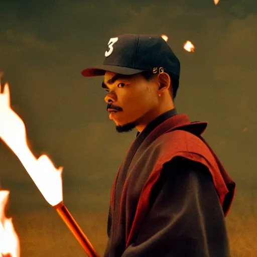 Image similar to cinematic film still of Chance The Rapper starring as a Samurai holding fire, Japanese CGI, VFX, 2022, 40mm lens, shallow depth of field, film photography