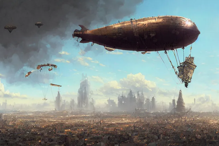 Image similar to a pig-blimp, steampunk, digital art, extremely detailed, flying over a city, greg rutkowski, cinematic