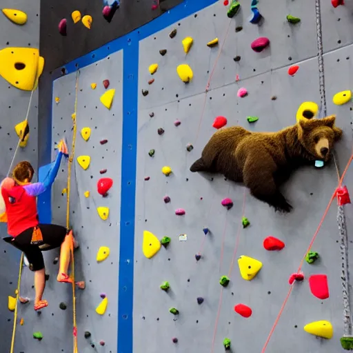 Prompt: photo of bears in a climbing gym