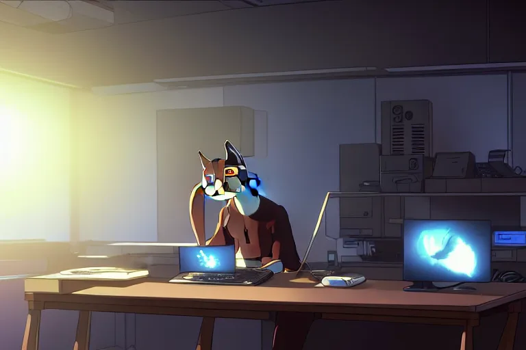 Image similar to a nerdy caracal is programming at a computer in a room full of gadgets, by makoto shinkai and ghibli studio, dramatic lighting, highly detailed, incredible quality, trending on artstation