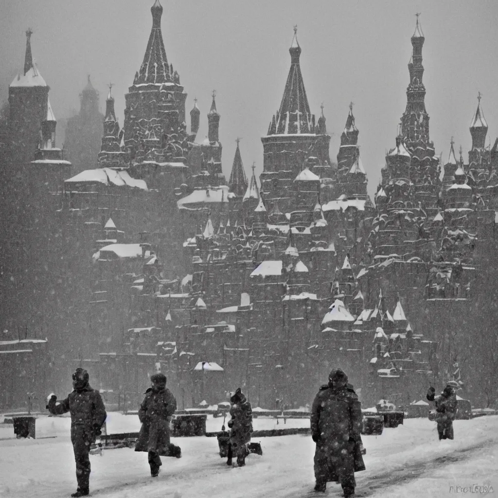 Image similar to minions serving under stalin, with a background of the kremlin in snow, sepia tone picture