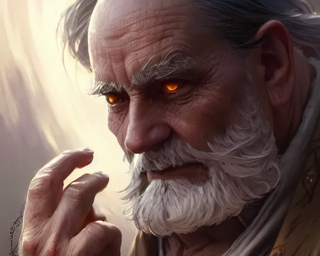 Image similar to old man with a ring on each finger, deep focus, d & d, fantasy, intricate, elegant, highly detailed, digital painting, artstation, concept art, matte, sharp focus, illustration, hearthstone, art by artgerm and greg rutkowski and alphonse mucha