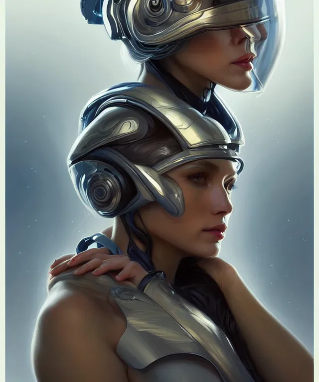 Prompt: futuristic woman in helmet portrait, sci-fi, amber eyes, face, long hair, fantasy, intricate, elegant, highly detailed, digital painting, artstation, concept art, smooth, sharp focus, illustration, art by artgerm and greg rutkowski and alphonse mucha