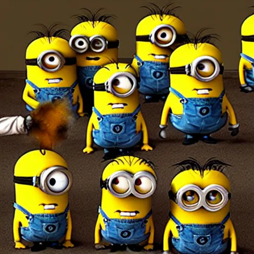 Image similar to Minions living in an insane asylum, creepy photo