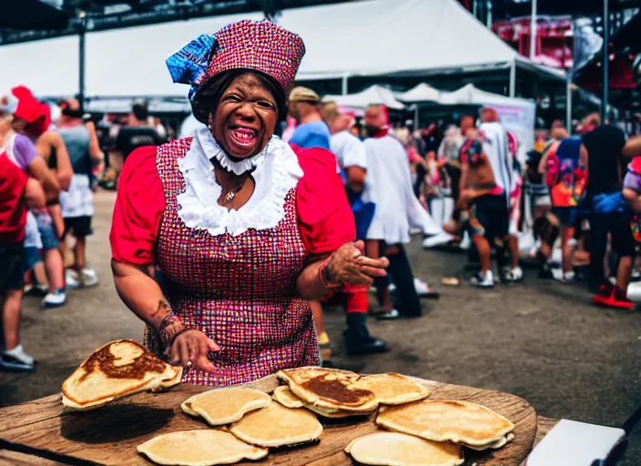 Image similar to photo still of aunt jemima in period attire at vans warped tour!!!!!!!! at age 4 0 years old 4 0 years of age!!!!!!! on stage throwing pancakes to the crowd, 8 k, 8 5 mm f 1. 8, studio lighting, rim light, right side key light