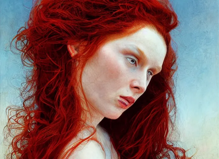 Prompt: a highly detailed beautiful portrait of woman with deep red hair, heat emanating from her hair ( fiery ), james gurney, james jean