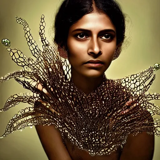 Image similar to full shot of a regal brown - skinned south asian woman wearing an intricate and detailed armor made of dew drops. dew drops around eyes. refracted light. morning dew. delicate. translucent. haunting eyes. vulnerable. fragile. ethereal. refracted light. by ray caesar. by louise dahl - wolfe. surreal photography.