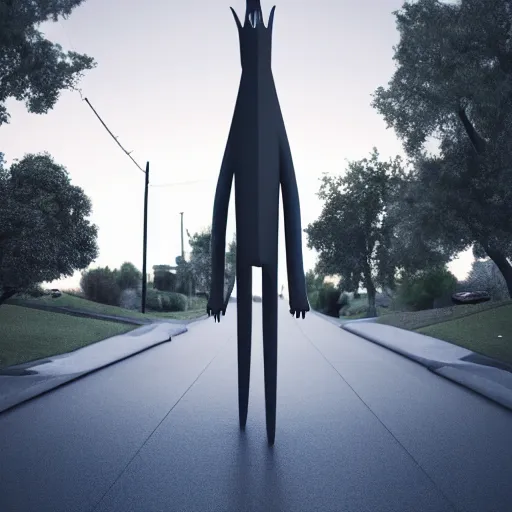 Image similar to tall monster with elongated limbs standing in an urban cul de sac neighborhood, realistic lighting, ultra hd 4 k