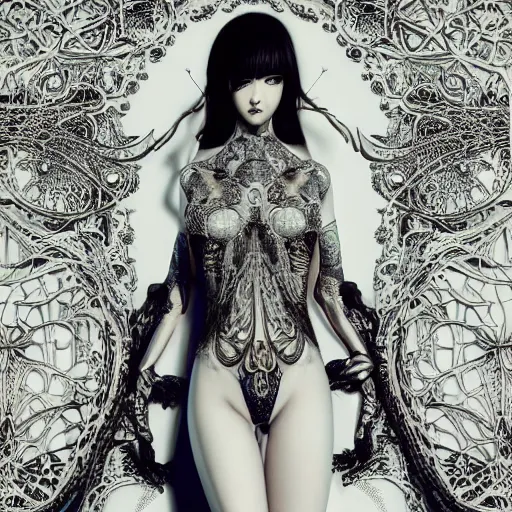 Image similar to the portrait of an absurdly beautiful, graceful, elegant, sophisticated, fashionable cyberpunk gravure idol, an ultrafine hyperdetailed illustration by kim jung gi, irakli nadar, takato yamamoto, intricate linework, bright colors, porcelain skin, unreal engine 5 highly rendered, fashion photography, fractal background, global illumination, radiant light, detailed and intricate environment