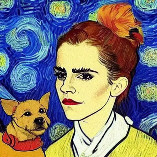 Image similar to emma watson with a dog on her head in the style of vincent van gogh