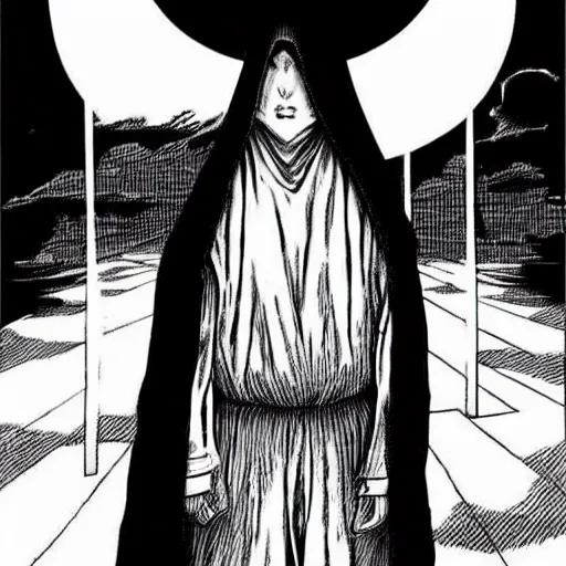 Image similar to hooded man with concealed face, junji ito,