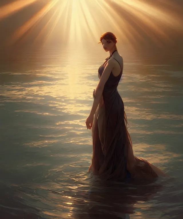 Image similar to emily rajtkowski, lake, elegant, highly detailed, god rays, digital painting, artstation, concept art, smooth, sharp focus, illustration, art by artgerm and greg rutkowski and alphonse mucha