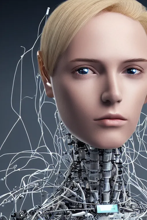 Image similar to robot with human face, female head, full body angle, woman human face, human face realistic, beautiful blonde hair, human head, human head with blonde hair, blonde hair human head, blonde hair, human realistic face, human head skin, cyborg frame concept, cyborg by ales-kotnik, sci-fi android female, the body is made of wires, robotic body, cyborg body, cyborg bust body, robot body cyborg, full body