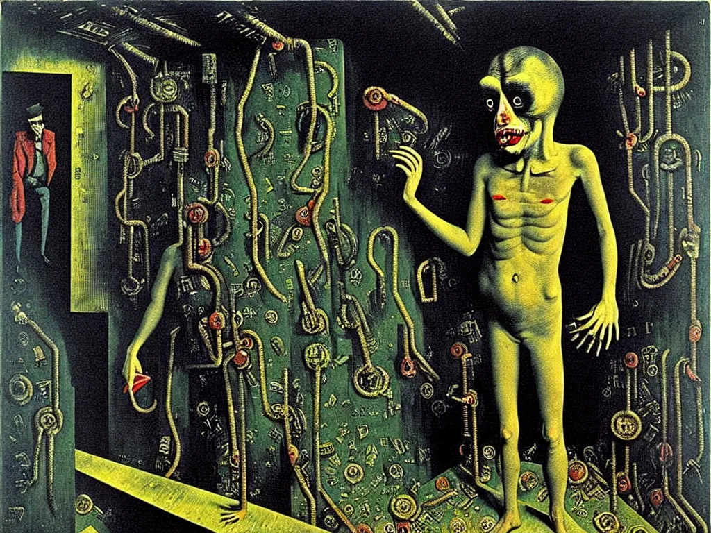 Image similar to bitcoin basement dweller, decadence and despair, underground ratman, art by max ernst