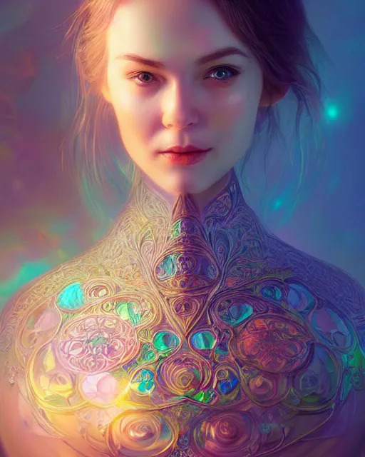 Prompt: a cute woman inside an ornate bottle of iridescent liquid, alchemy, intricate, bloom, detailed, volumetric lighting, sharp focus, photorealism, digital painting, highly detailed, concept art, by by artgerm and wlop