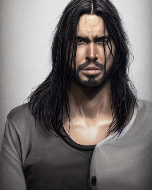 Prompt: portrait of tall, tired 3 3 - year - old handsome man with long black hair, grey eyes, wearing black clothes, hyper realistic face, beautiful eyes, character art, art by mark brooks, hyperdetailed, cryengine, trending on artstation, digital art