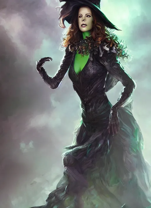 Prompt: beautiful female wicked witch, kate beckinsale as the wicked witch of the west, full body character concept, armor, super powers, fantasy, intricate, elegant, highly detailed, digital painting, artstation, concept art, shining, sharp focus, illustration, art by stanley lau