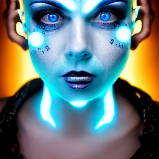 Image similar to crazy girl with large dazzling blue cybernetic eyes, character portrait, short white hair, pixie nose, mythic glowing blue tattoos, creepy, photorealistic, cinematic composition, hyper real, upscaled, ultra detailed