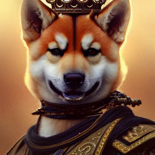 Image similar to portrait painting of a cute shiba inu warrior with crown, ultra realistic, concept art, intricate details, eerie, highly detailed, photorealistic, octane render, 8 k, unreal engine. art by artgerm and greg rutkowski and charlie bowater and magali villeneuve and alphonse mucha