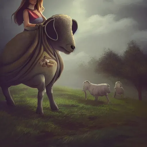 Image similar to girl riding a giant sheep at the farm, trending on artstation