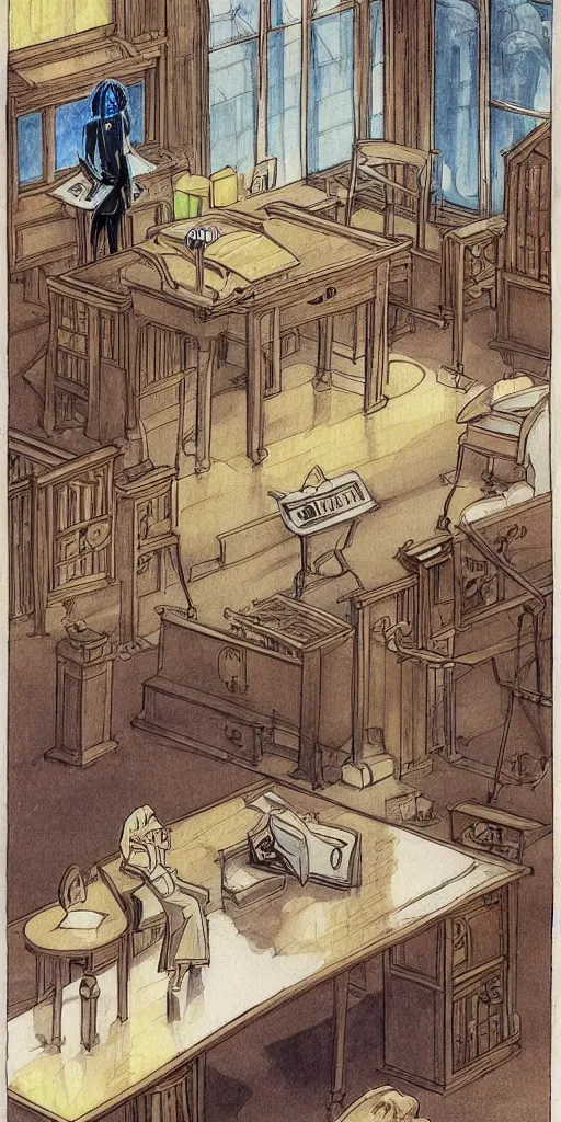 Image similar to a court room with a justice scale on the desk, drawn by a famous anime artist Hayao Miyazaki, high quality, fine lines, amazing detail. colored, intricate ink painting, the justice tarot card, concept art psychedelia,