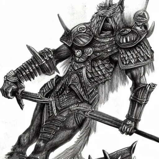 Prompt: detailed fantasy drawing, black furred Minotaur carrying a battle-ax in half plate armor, concept art