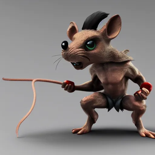 Image similar to a cute muscular rat wearing shorts, 3D render, Z-Brush sculpt, rayman style