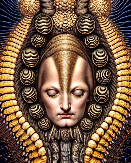 Prompt: hyperrealistic detailed face portrait of the beautiful goddess of the giant isopods with an intricate golden ornamental geometrical fractal giant isopod masked headdress, art by ernst haeckel, john william godward, android jones, h. r. giger, gothic - cyberpunk, ornamental, dimmed pastel colours,